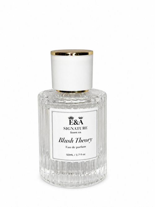 Blush Theory perfume bottle by E&A Signature Scent Co displayed elegantly, luxury women’s fragrance with floral apple scent notes including peony, jasmine, carnation, and rose.