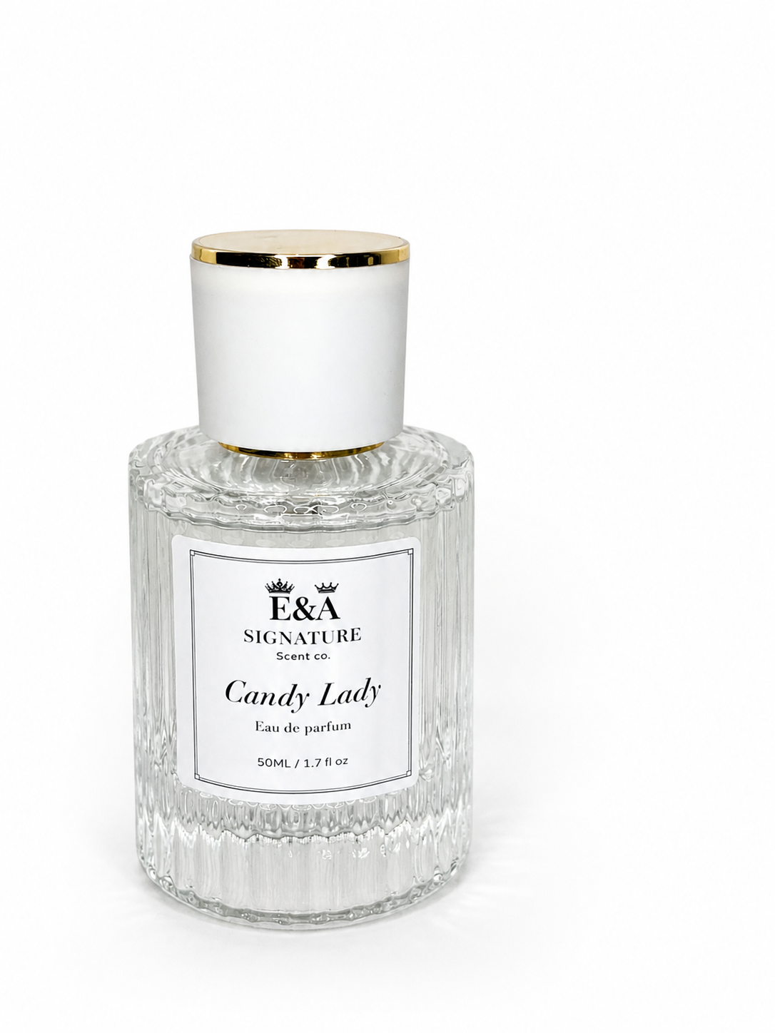 Candy Lady perfume bottle by E&A Signature Scent Co with elegant clear glass design, white label, and gold cap on a white background.
