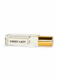 Candy Lady roll-on perfume oil by E&A Signature Scent Co in clear glass bottle with gold cap and elegant label on a white background.
