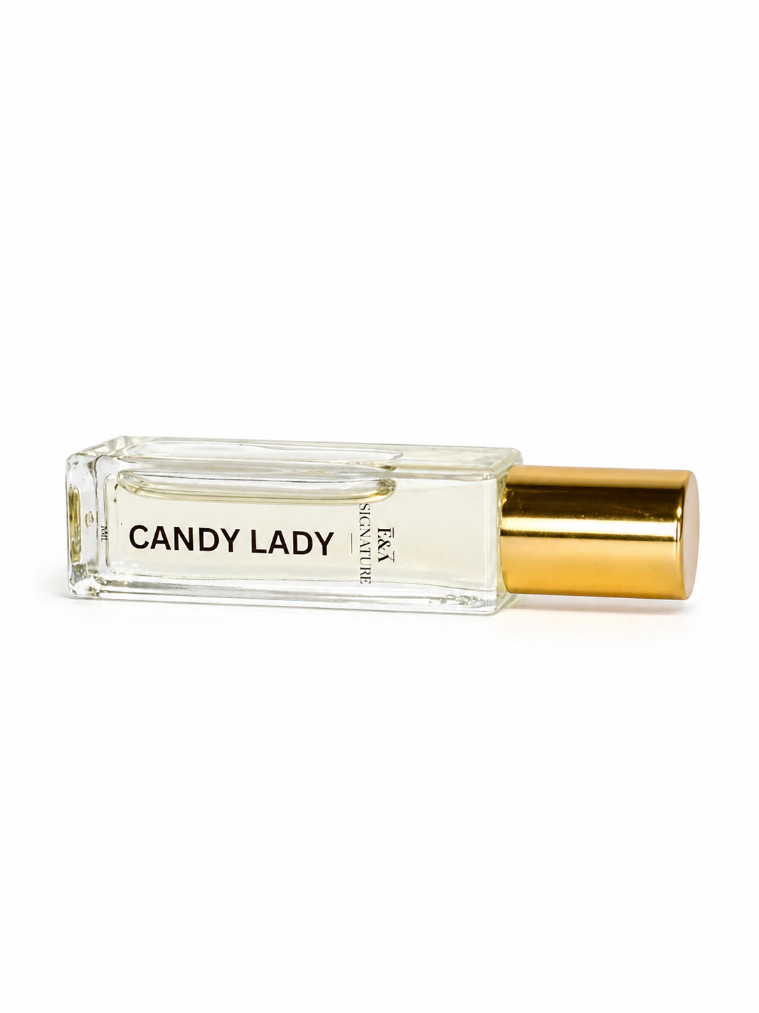 Candy Lady roll-on perfume oil by E&A Signature Scent Co in clear glass bottle with gold cap and elegant label on a white background.
