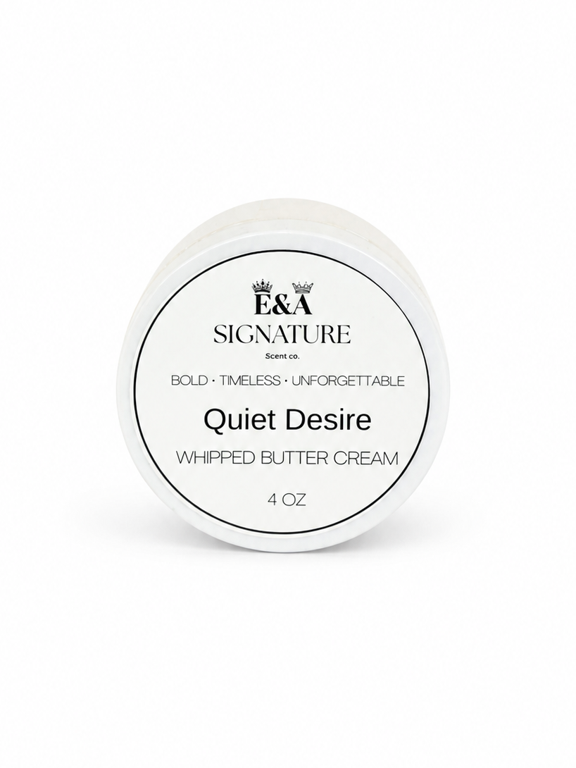Quiet Desires whipped body butter cream by E&A Signature Scent Co in a white jar on a clean white background, luxury moisturizing scented body cream for women with raspberry, jasmine, musk, amber, and woods notes.