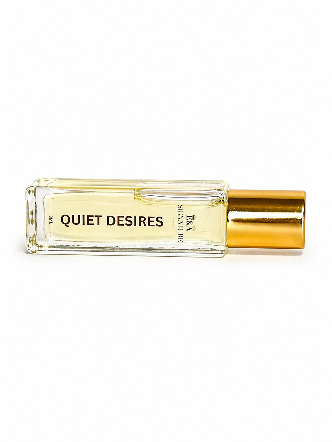 Quiet Desires roll-on perfume oil by E&A Signature Scent Co on a white background, luxury travel-size fragrance oil for women with raspberry, strawberry, cherry, jasmine, musk, amber, and woods notes.